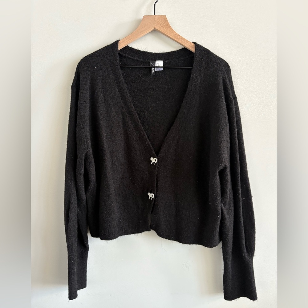 H&M Women’s Knit Long Sleeve Black Cardigan - Rhinestone Bow Buttons